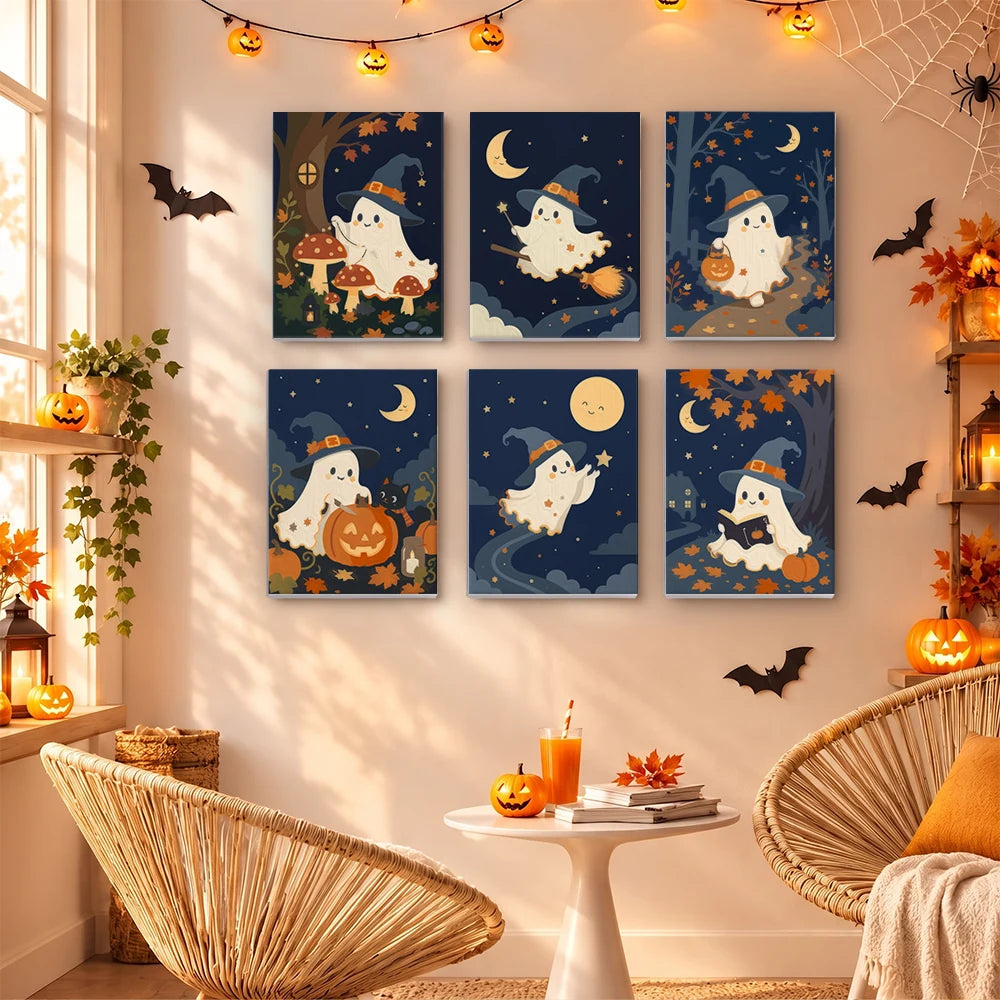 Paint by Numbers – 6 Mini Paintings | Witch Hat Ghosts at Night Set