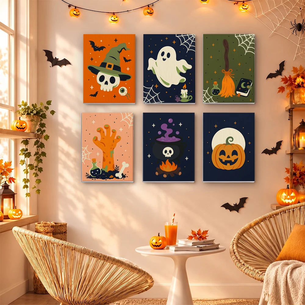 
Paint by Numbers – 6 Mini Paintings | Witch Hat Skull and Broomstick Set