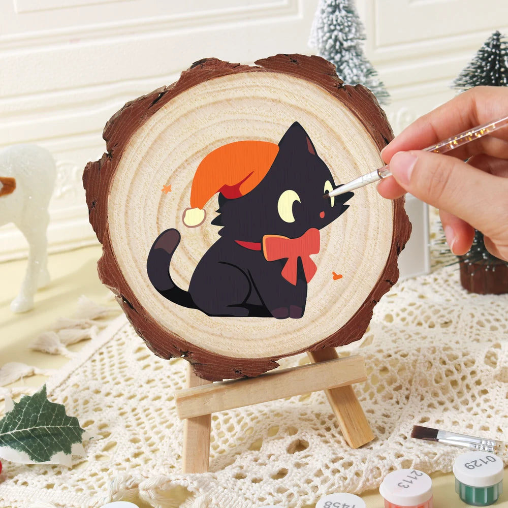 
Paint by Numbers - Wood Slice | Black Cat with an Orange Hat