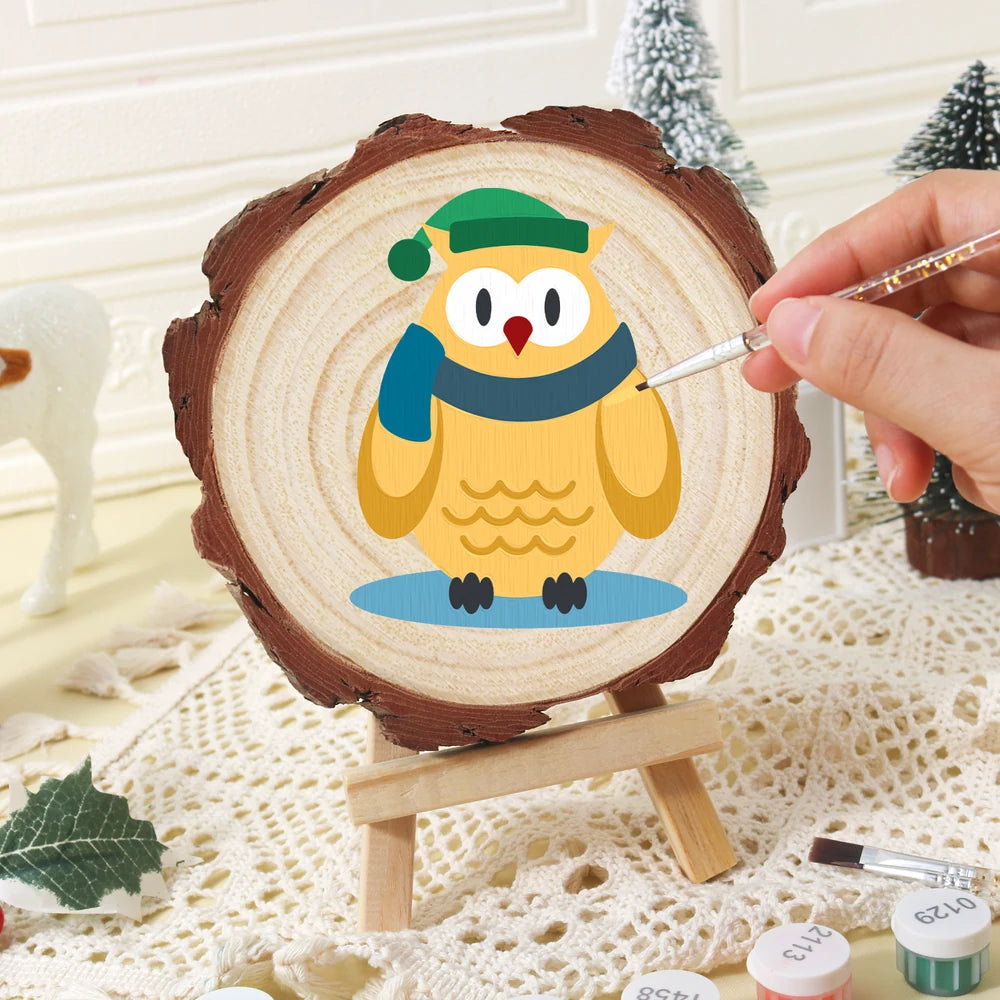 Paint by Numbers - Wood Slice | Owl in a Winter Scarf