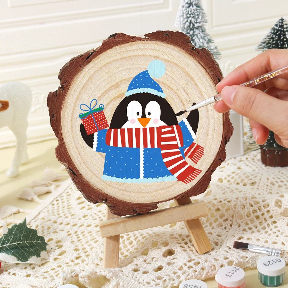 
Paint by Numbers - Wood Slice | Penguin with a Gift