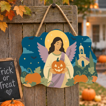 Paint by Numbers - Wooden Door Hanger | Angel with a Jack-o'-Lantern by the Church