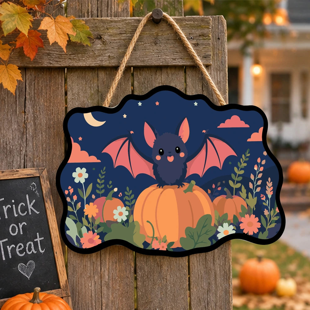 Paint by Numbers - Wooden Door Hanger | Bat on Pumpkins at Dusk