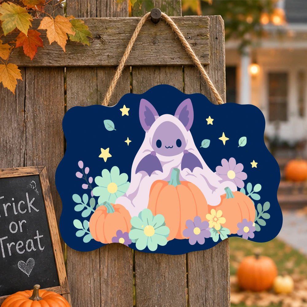 
Paint by Numbers - Wooden Door Hanger | Bat on a Pumpkin with Flowers