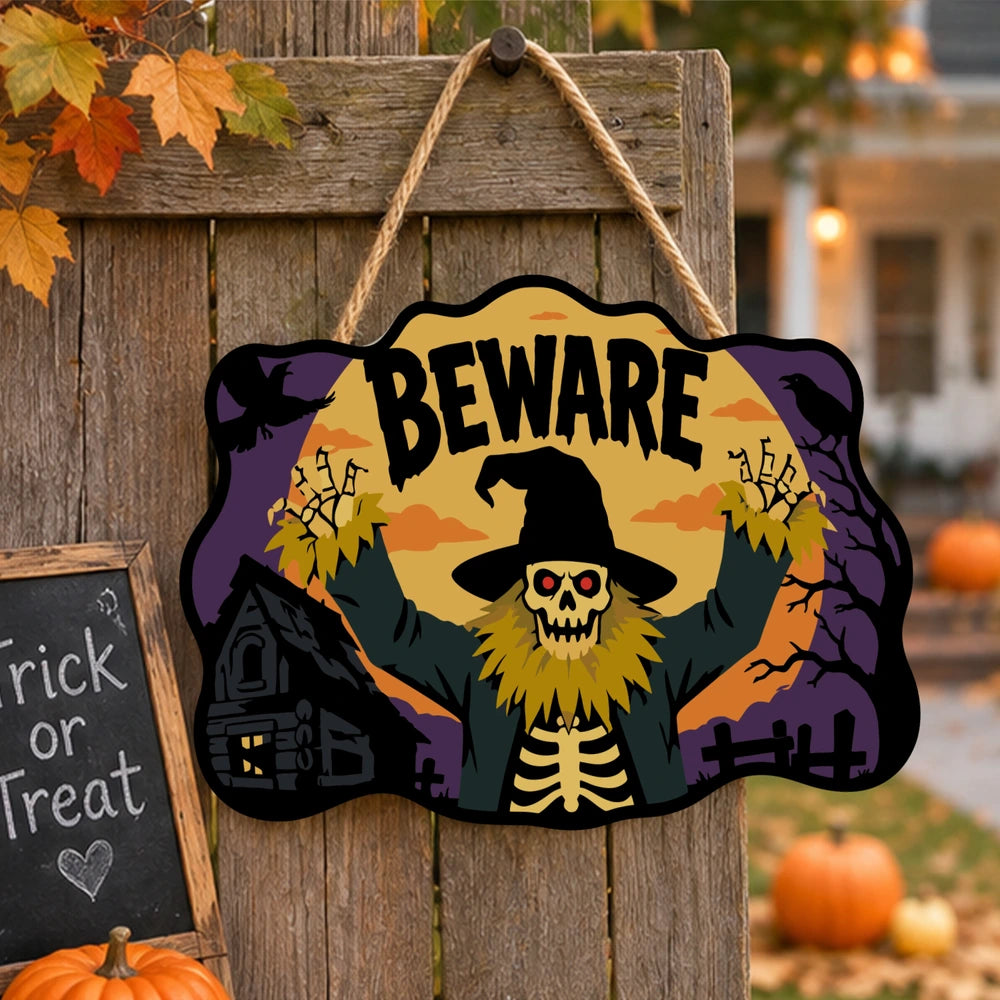 Paint by Numbers - Wooden Door Hanger | Beware Skeleton Scarecrow