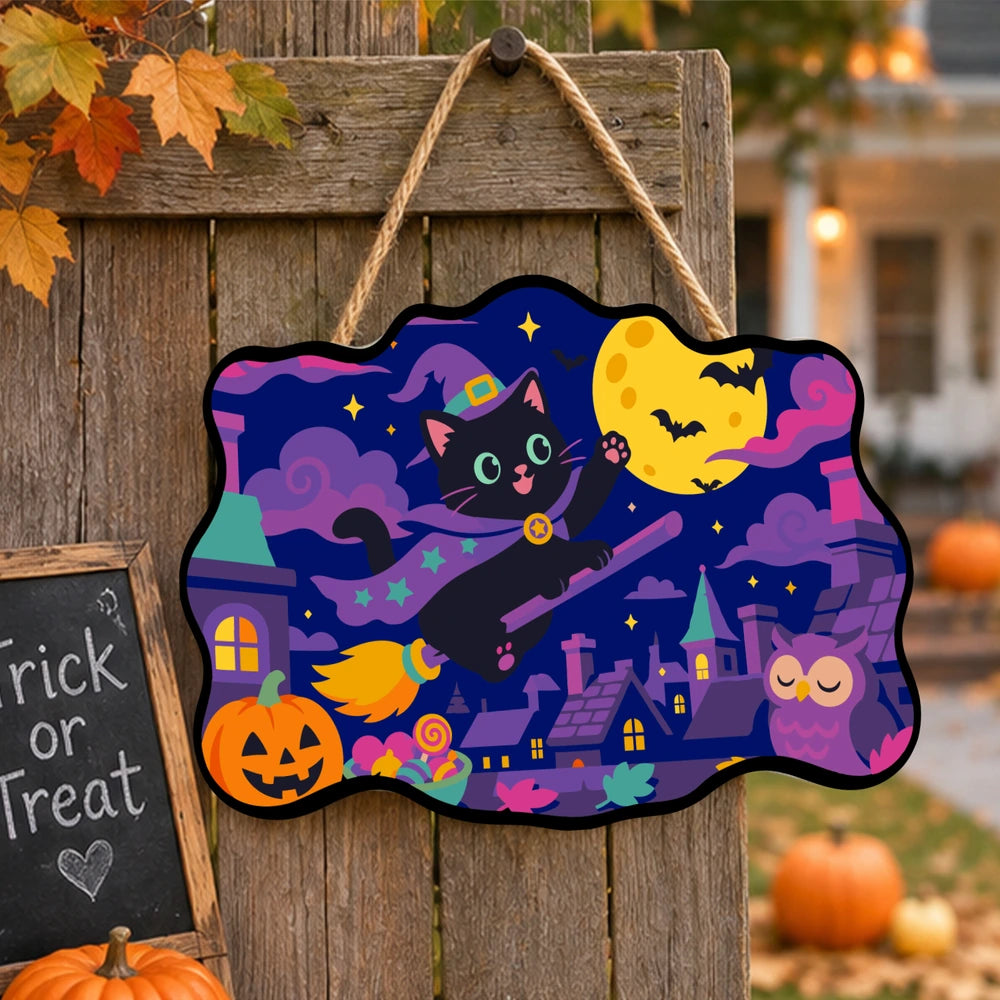 Paint by Numbers - Wooden Door Hanger | Black Cat Witch Flying Over Town