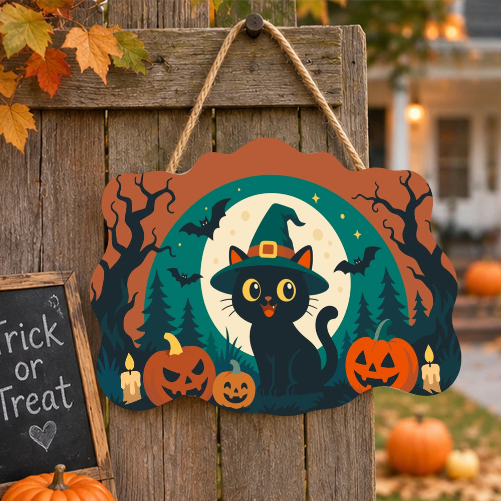 Paint by Numbers - Wooden Door Hanger | Black Cat in a Witch Hat with Pumpkins