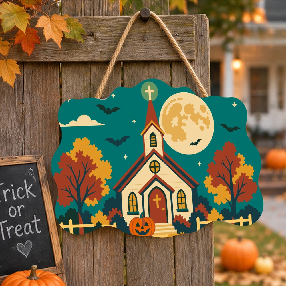 Paint by Numbers - Wooden Door Hanger | Country Church Under the Harvest Moon