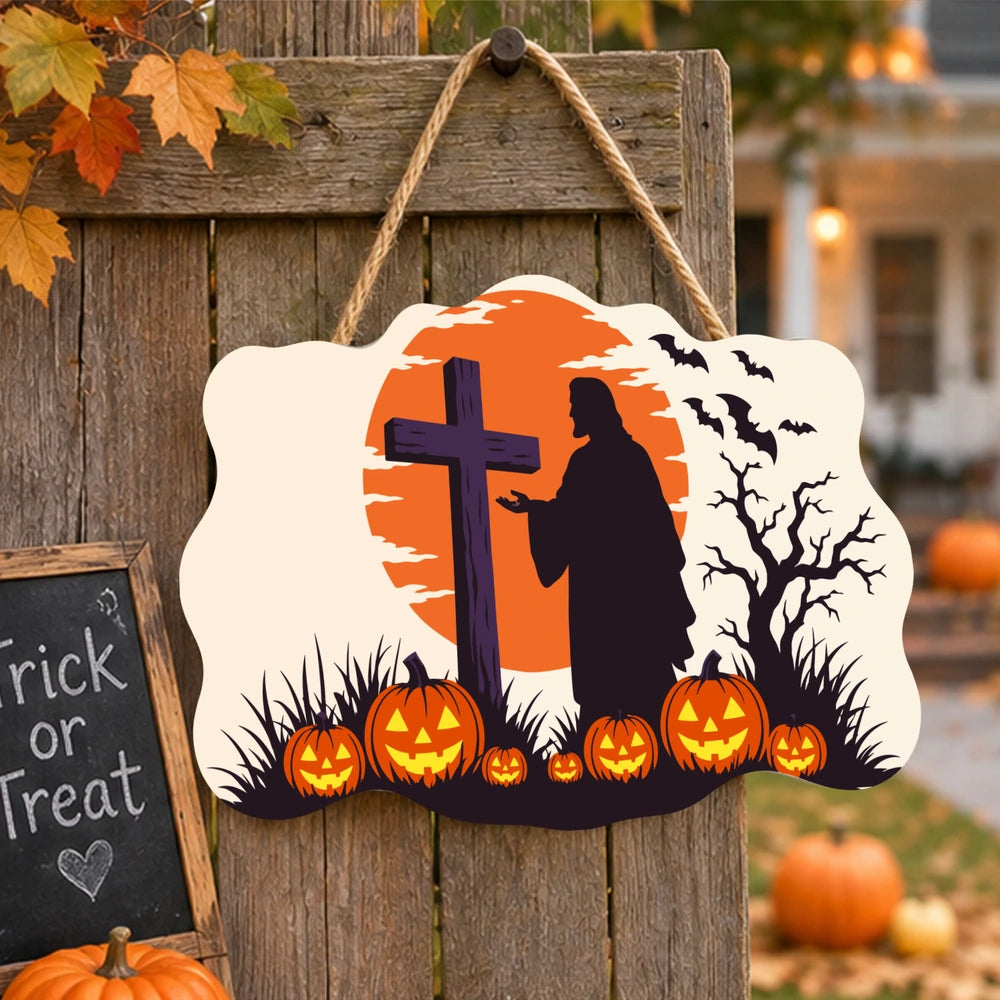 Paint by Numbers - Wooden Door Hanger | Cross at Sunset with Pumpkins