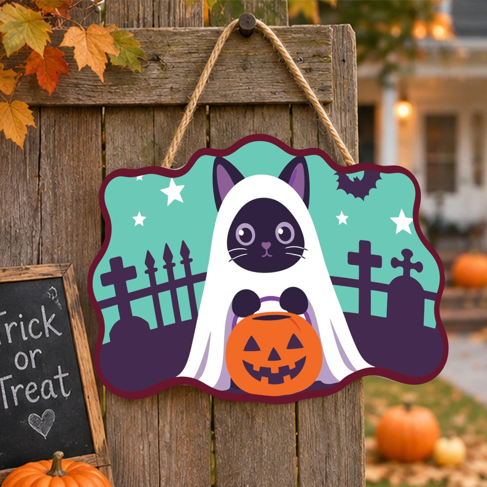 Paint by Numbers - Wooden Door Hanger | Ghost Cat with a Pumpkin