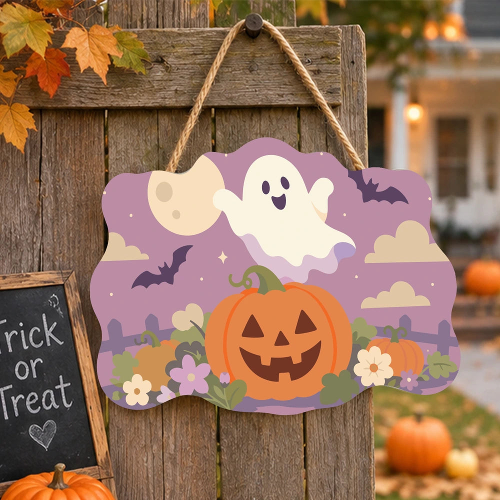
Paint by Numbers - Wooden Door Hanger | Ghost Over a Jack-o'-Lantern at Dusk