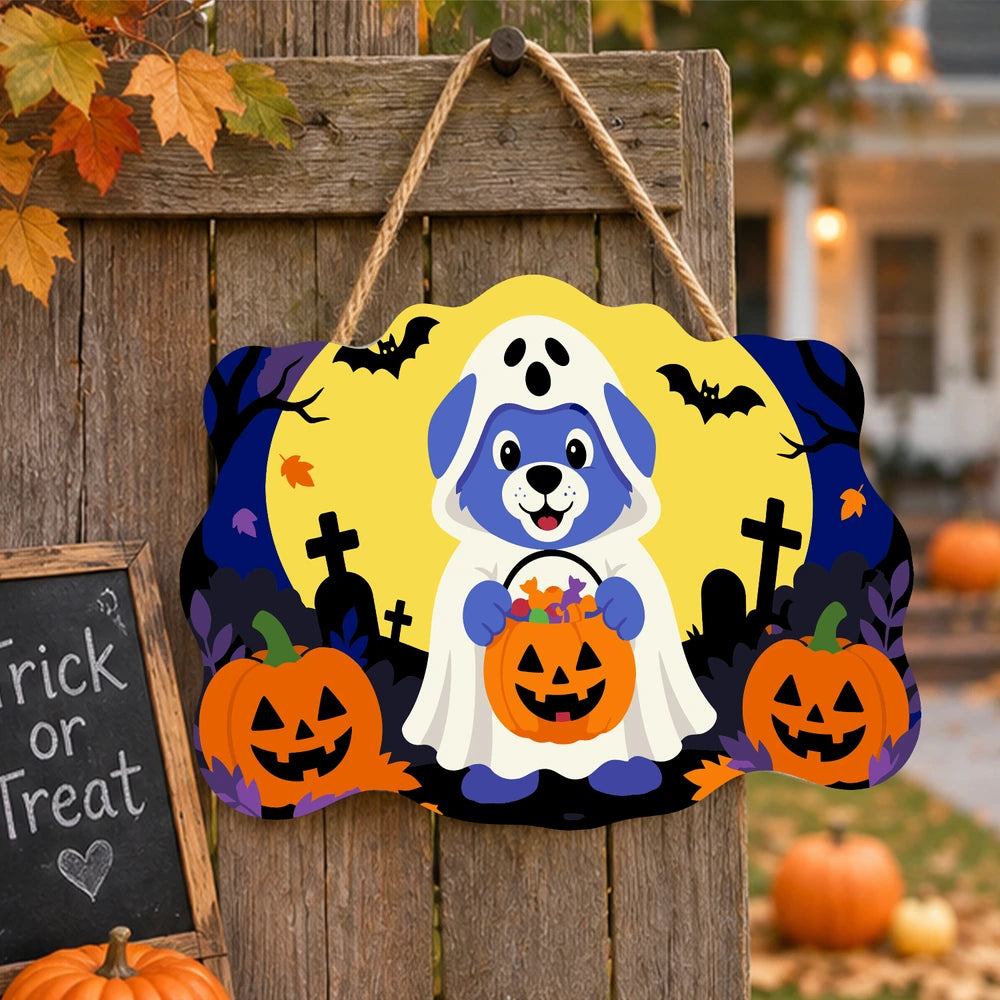 Paint by Numbers - Wooden Door Hanger | Ghost Puppy with a Candy Bucket