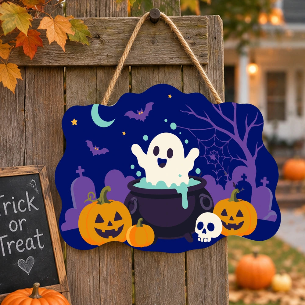 Paint by Numbers - Wooden Door Hanger | Ghost in a Cauldron in the Graveyard