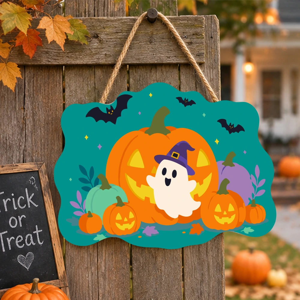 Paint by Numbers - Wooden Door Hanger | Ghost in a Witch Hat with Pumpkins