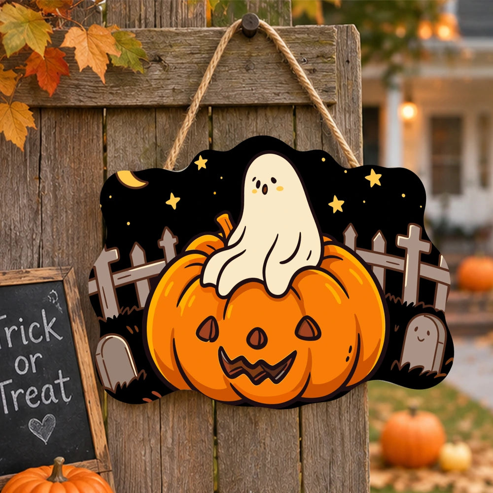 Paint by Numbers - Wooden Door Hanger | Ghost on a Jack-o'-Lantern in the Graveyard