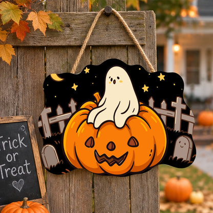 Paint by Numbers - Wooden Door Hanger | Ghost on a Jack-o'-Lantern in the Graveyard