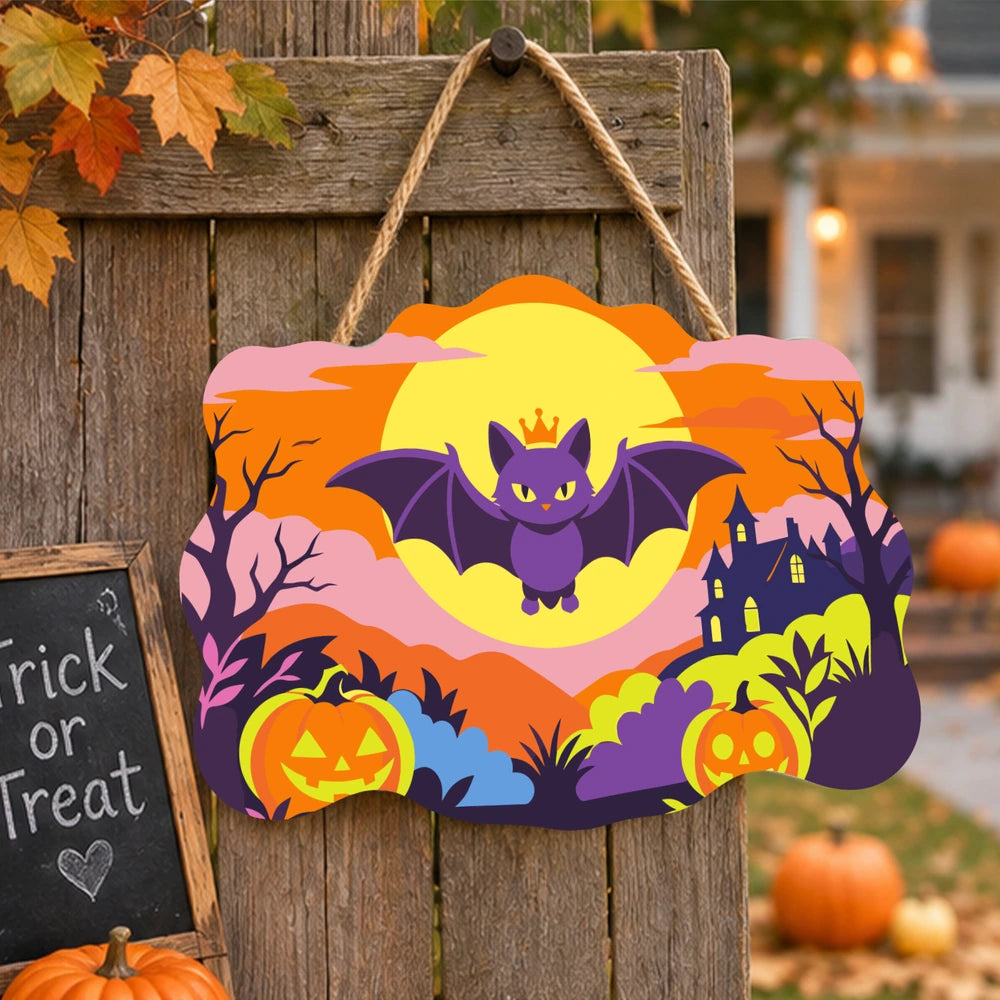 Paint by Numbers - Wooden Door Hanger | Happy Bat Over the Pumpkin Patch