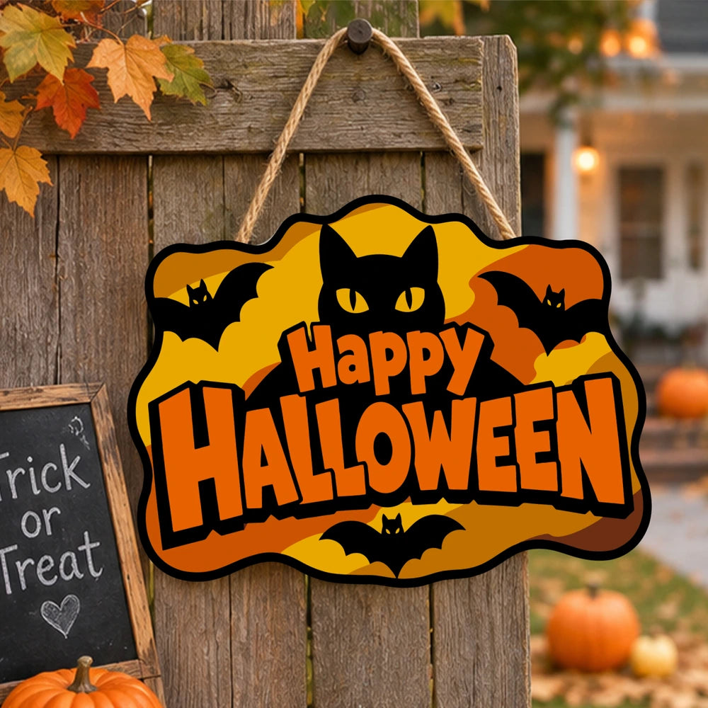 Paint by Numbers - Wooden Door Hanger | Happy Halloween Black Cat and Bats