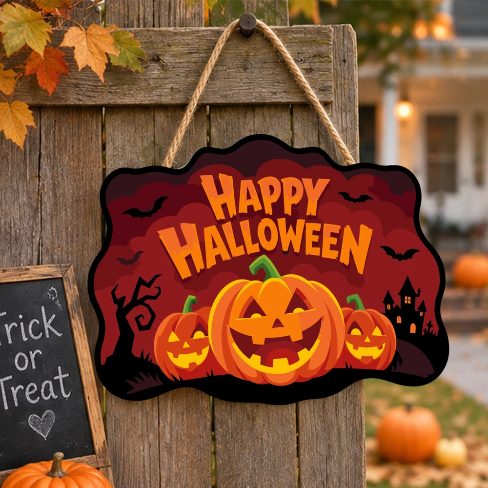 Paint by Numbers - Wooden Door Hanger | Happy Halloween Pumpkin Trio at Night