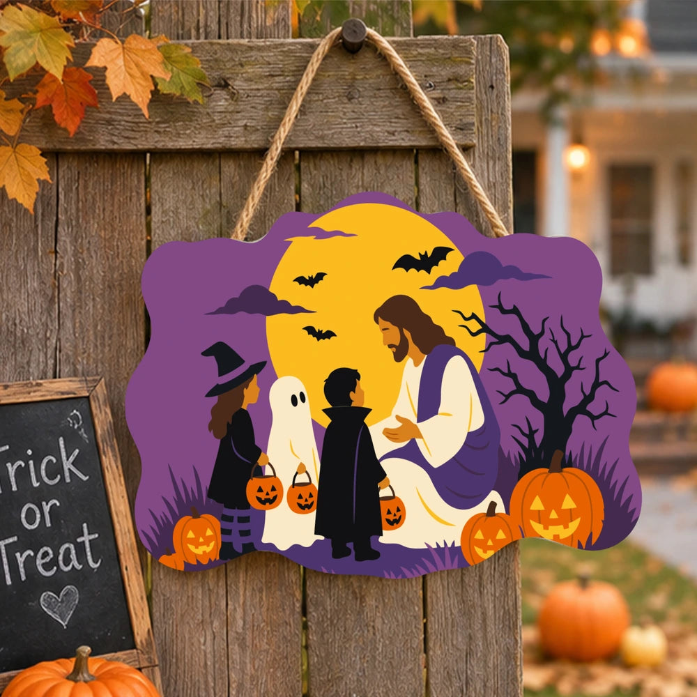 Paint by Numbers - Wooden Door Hanger | Jesus with Trick-or-Treaters