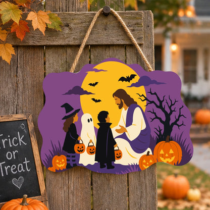 Paint by Numbers - Wooden Door Hanger | Jesus with Trick-or-Treaters