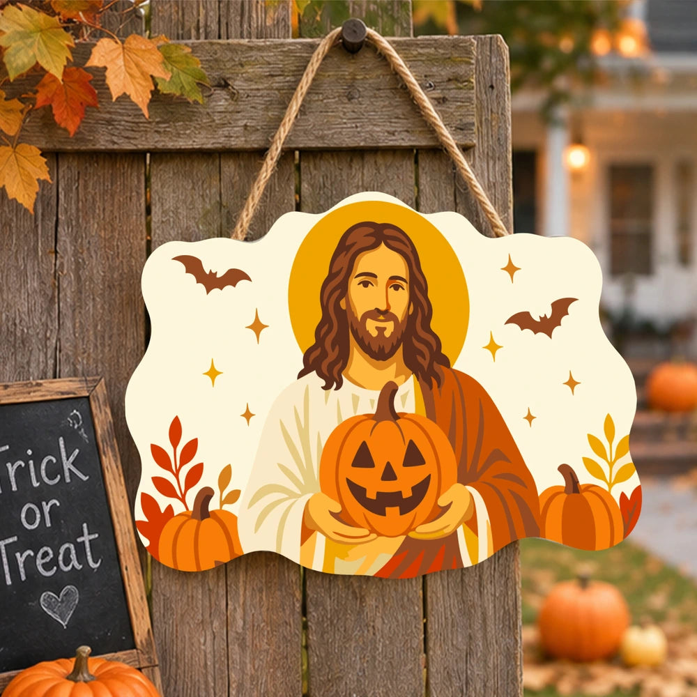 Paint by Numbers - Wooden Door Hanger | Jesus with a Jack-o'-Lantern in Autumn