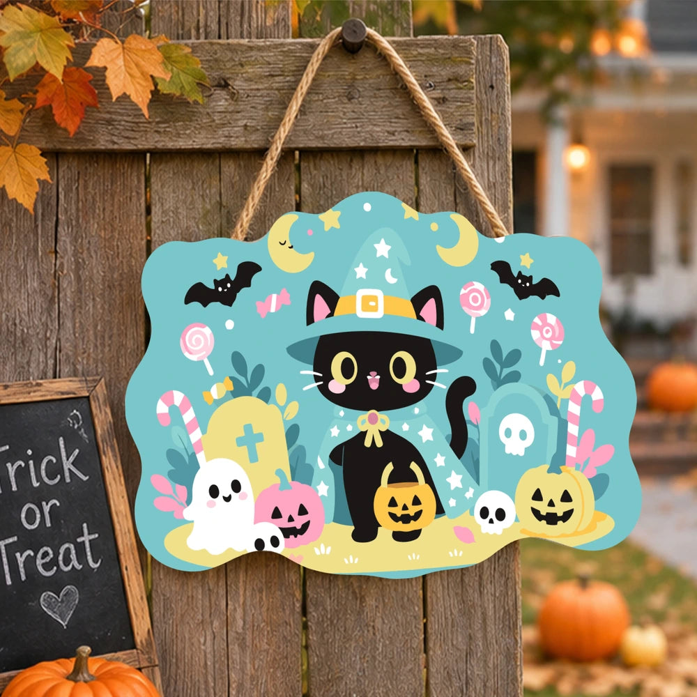 Paint by Numbers - Wooden Door Hanger | Little Black Cat with a Candy Bucket