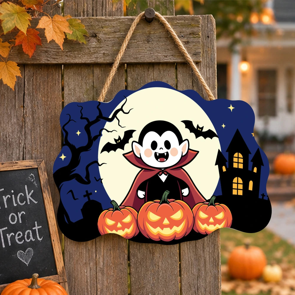 Paint by Numbers - Wooden Door Hanger | Little Vampire with Pumpkins