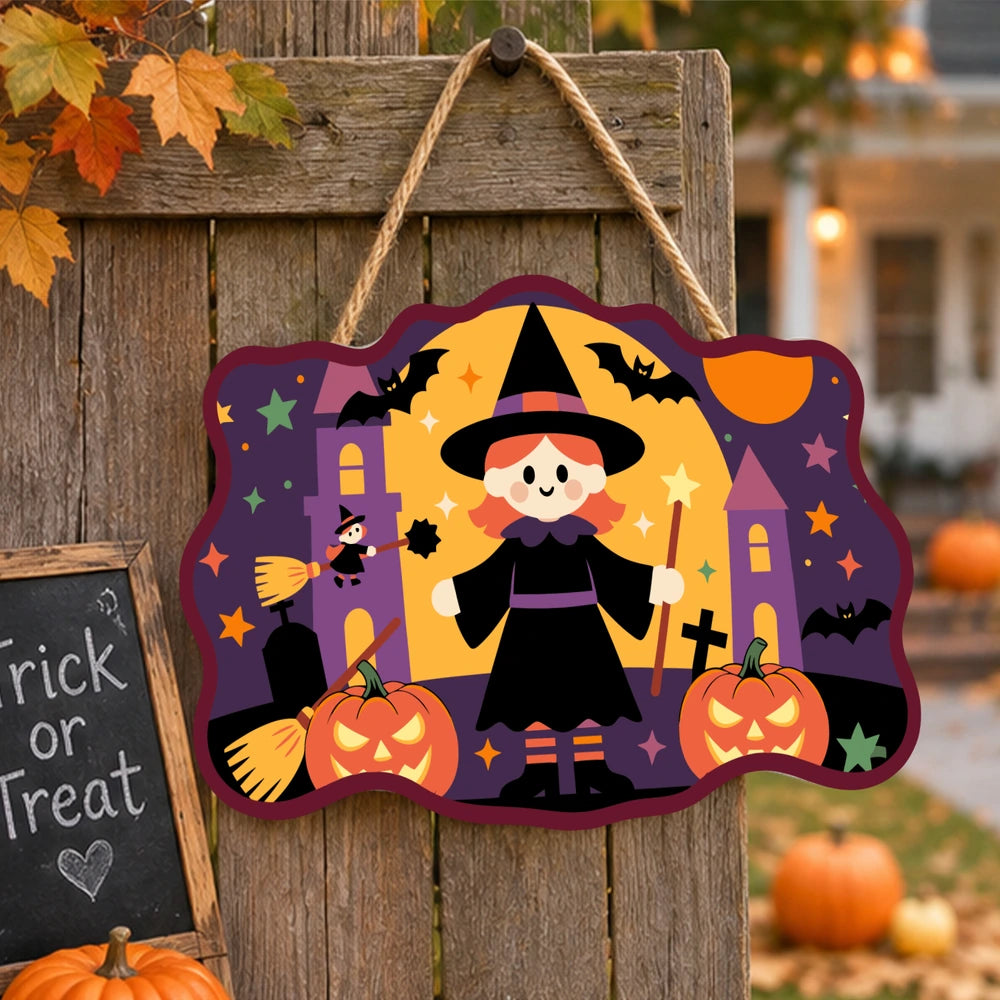 Paint by Numbers - Wooden Door Hanger | Little Witch with Pumpkins