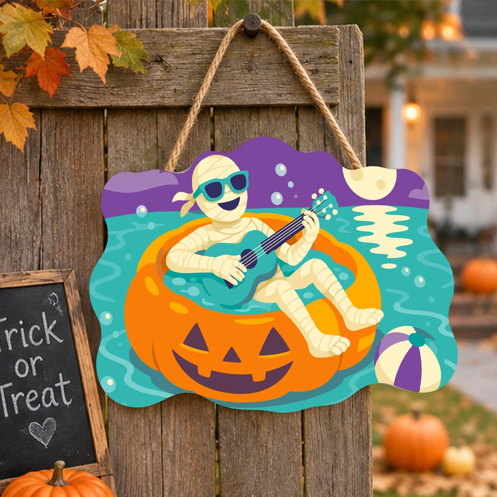 
Paint by Numbers - Wooden Door Hanger | Mummy Playing Ukulele on a Pumpkin Float