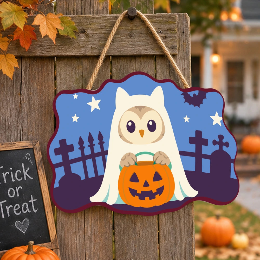 Paint by Numbers - Wooden Door Hanger | Owl Ghost with a Pumpkin