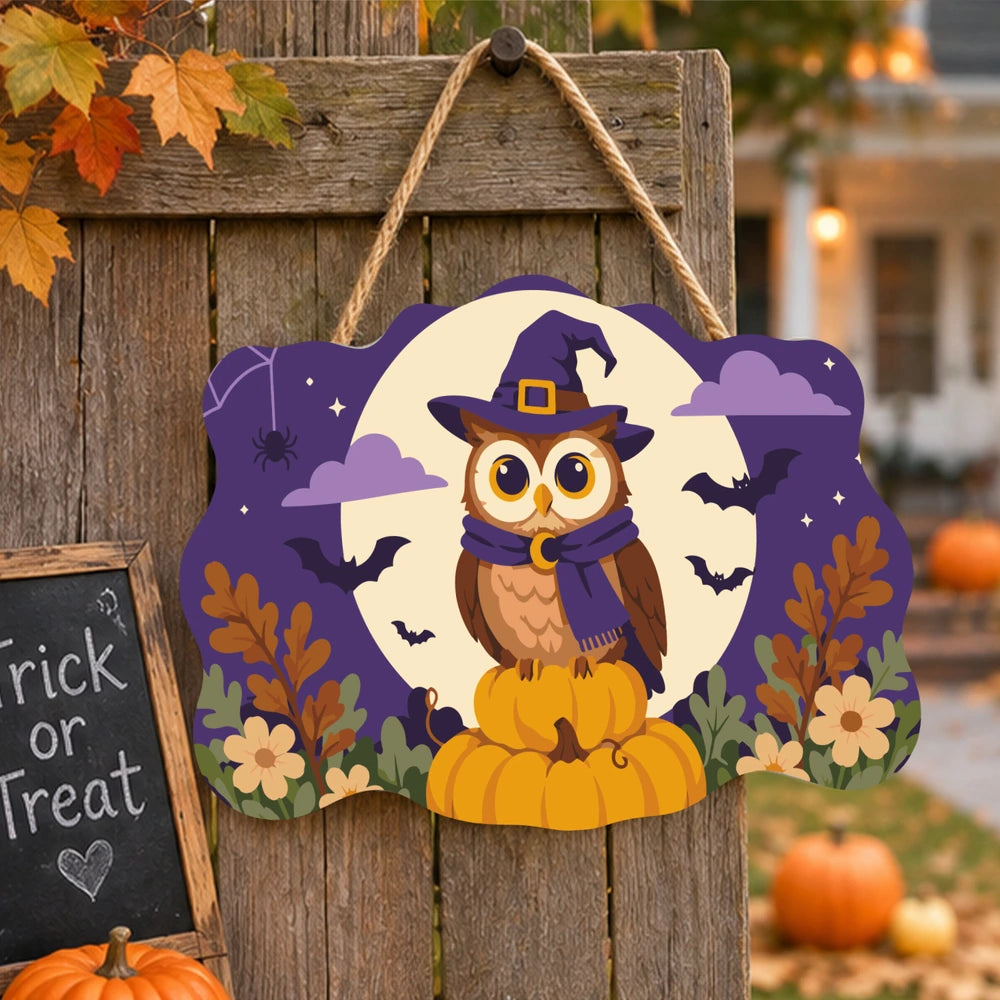 Paint by Numbers - Wooden Door Hanger | Owl in a Witch Hat in the Moon
