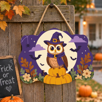 Paint by Numbers - Wooden Door Hanger | Owl in a Witch Hat in the Moon