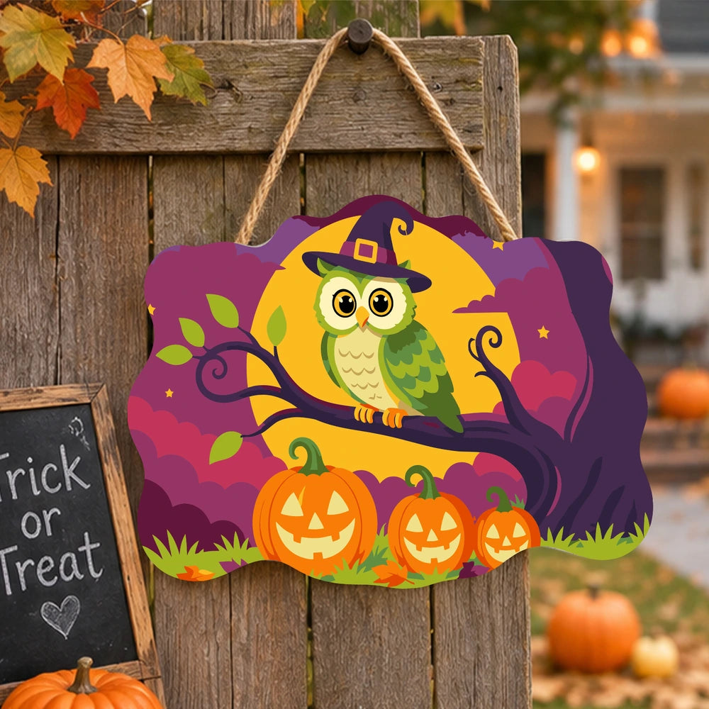 Paint by Numbers - Wooden Door Hanger | Owl in a Witch Hat on a Branch