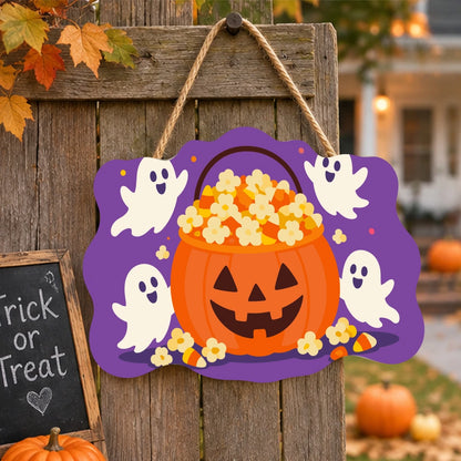 Paint by Numbers - Wooden Door Hanger | Popcorn Pumpkin Bucket with Ghosts