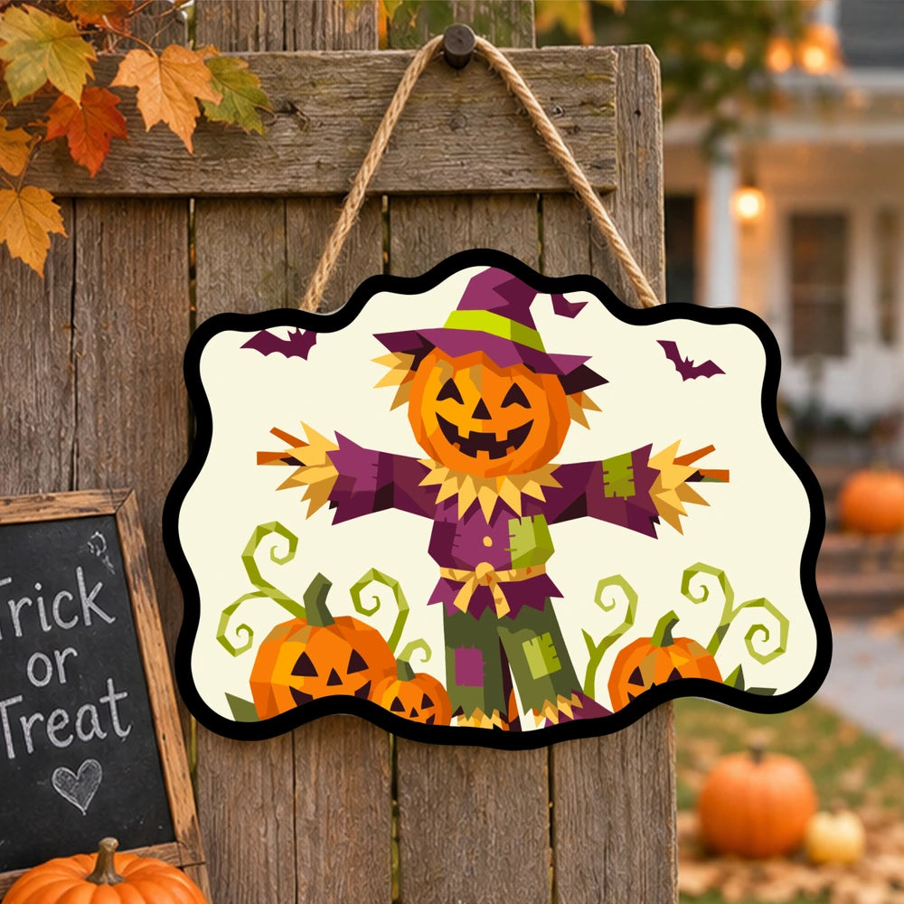 Paint by Numbers - Wooden Door Hanger | Pumpkin Scarecrow in Geometric Style