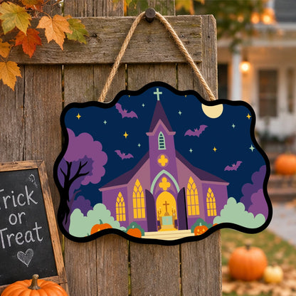 Paint by Numbers - Wooden Door Hanger | Purple Church on Halloween Night