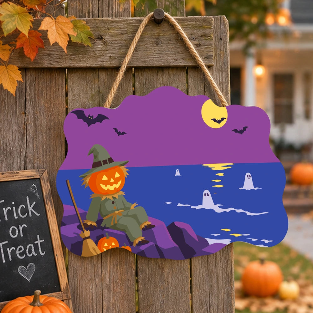 Paint by Numbers - Wooden Door Hanger | Scarecrow by the Sea at Night