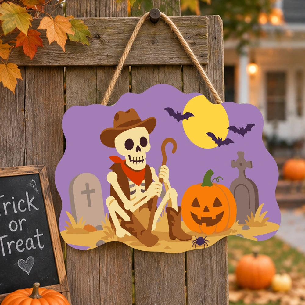 Paint by Numbers - Wooden Door Hanger | Skeleton Cowboy in the Graveyard