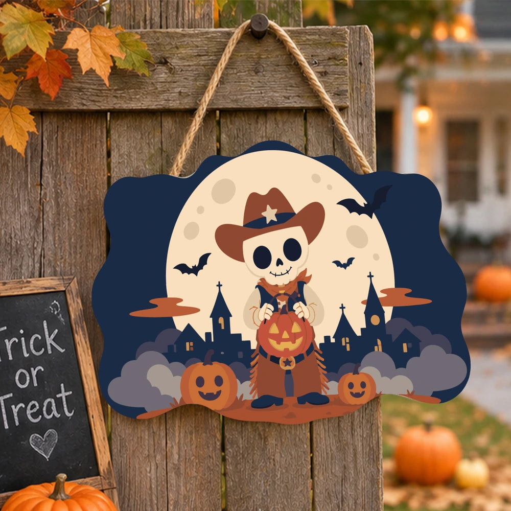 Paint by Numbers - Wooden Door Hanger | Skeleton Cowboy with a Pumpkin