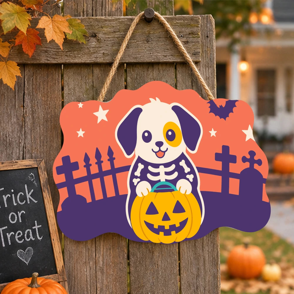
Paint by Numbers - Wooden Door Hanger | Skeleton Puppy with a Pumpkin