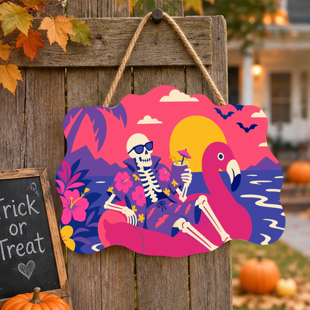 Paint by Numbers - Wooden Door Hanger | Skeleton on a Flamingo Float