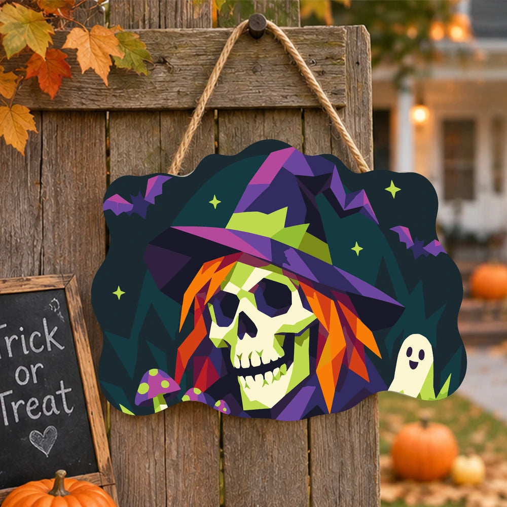 Paint by Numbers - Wooden Door Hanger | Skull Witch in Geometric Style