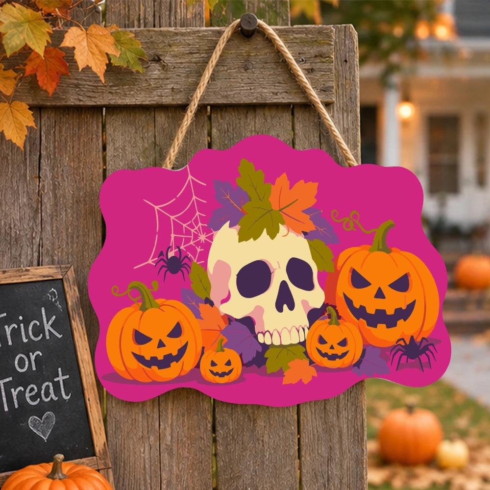 Paint by Numbers - Wooden Door Hanger | Skull with Autumn Leaves and Pumpkins