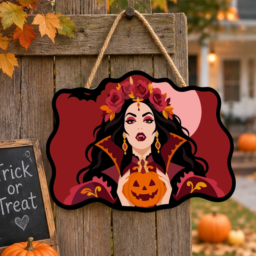 
Paint by Numbers - Wooden Door Hanger | Vampire Queen with a Jack-o'-Lantern