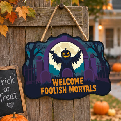 Paint by Numbers - Wooden Door Hanger | Welcome Foolish Mortals Pumpkin Bat
