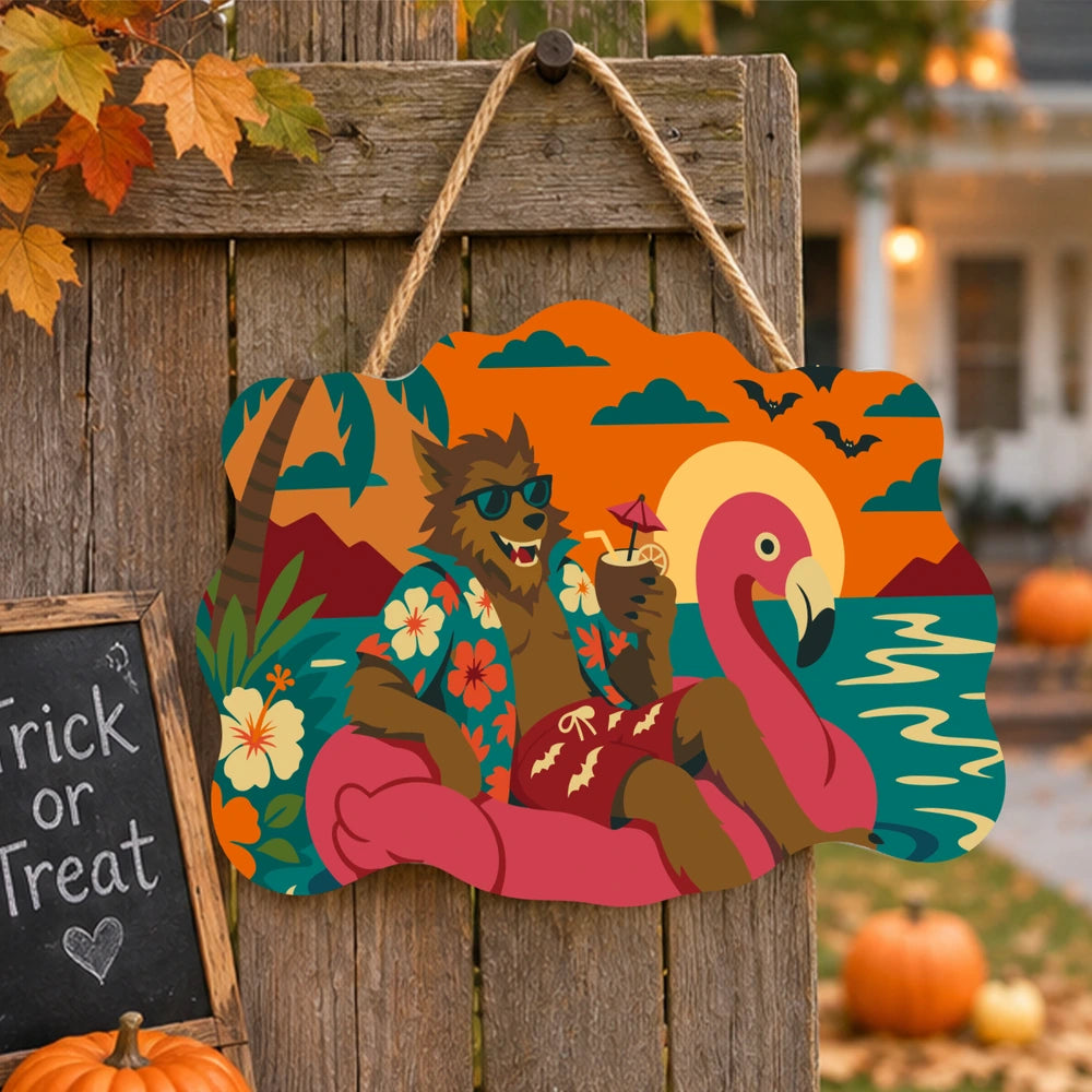 
Paint by Numbers - Wooden Door Hanger | Werewolf on a Flamingo Float
