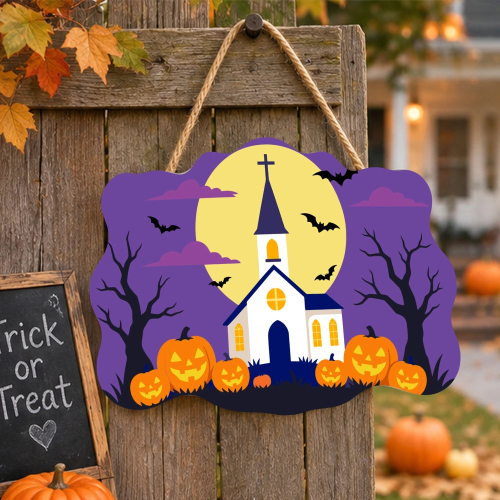 Paint by Numbers - Wooden Door Hanger | White Church Under the Full Moon
