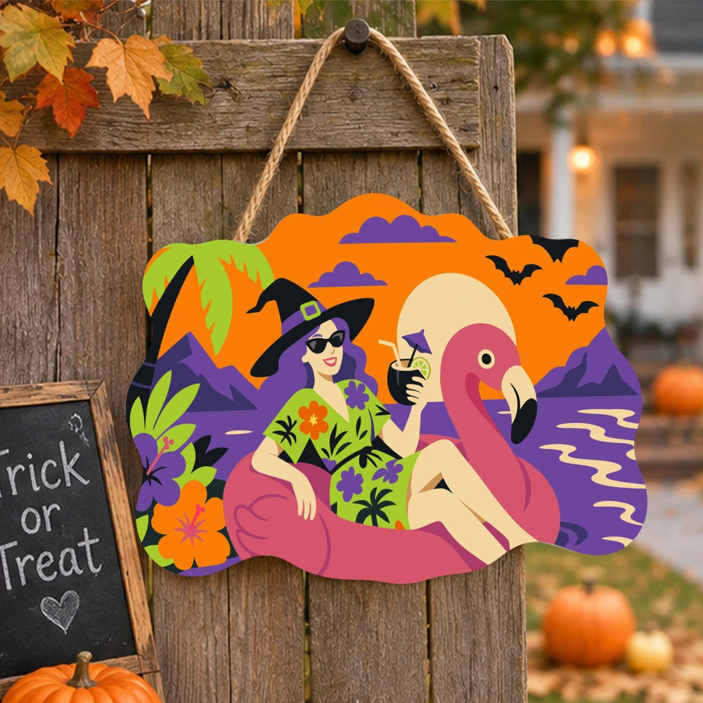 Paint by Numbers - Wooden Door Hanger | Witch on a Flamingo Float