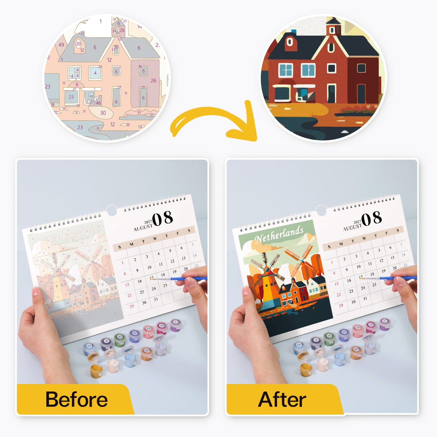 A before-and-after comparison showing a hand-painted calendar page. The top shows an unpainted illustration of Dutch houses, with a yellow arrow pointing to two lower panels labeled Before and After.